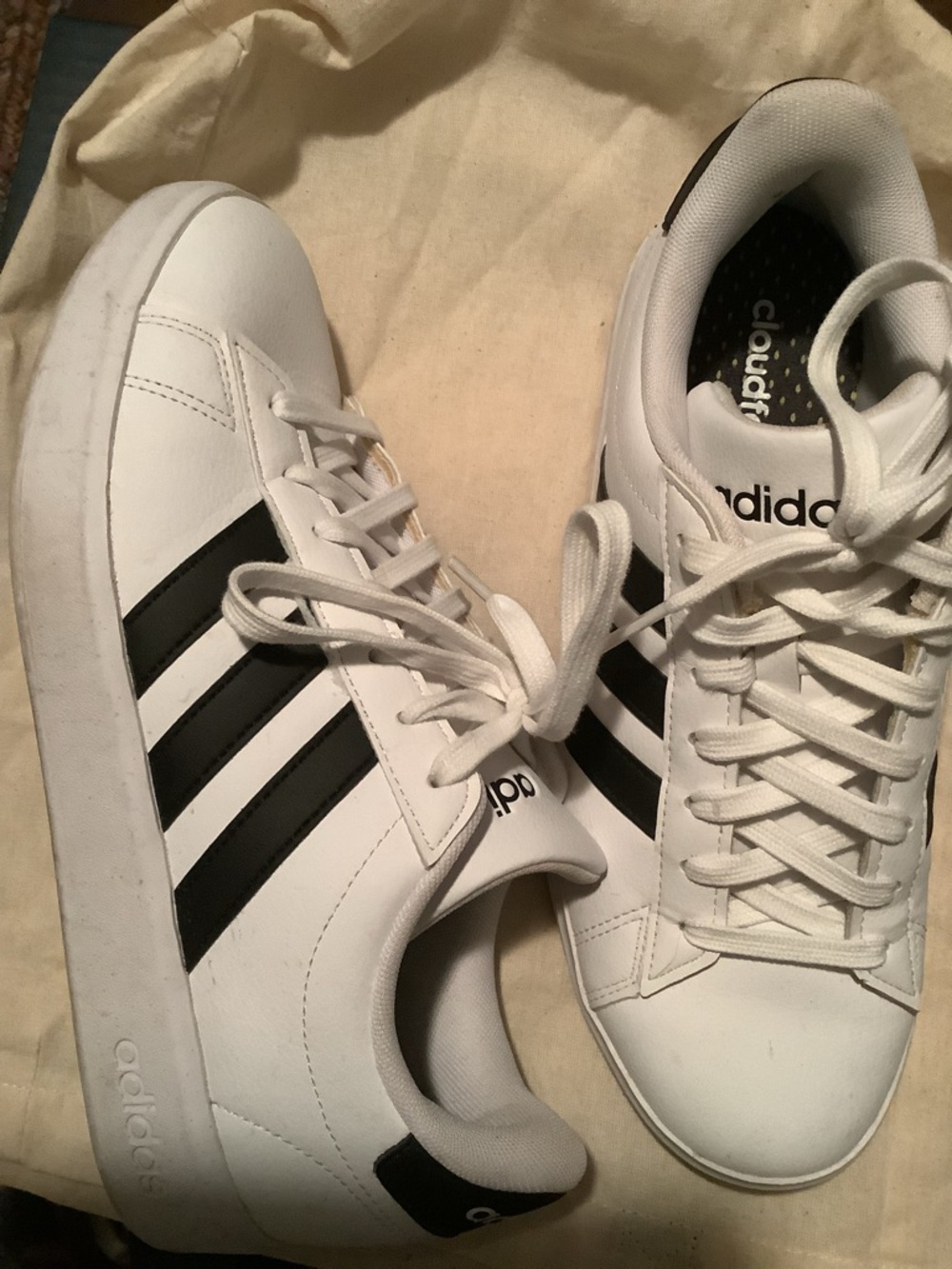 adidas White Sneakers with Black Stripes and Green Dot Insole